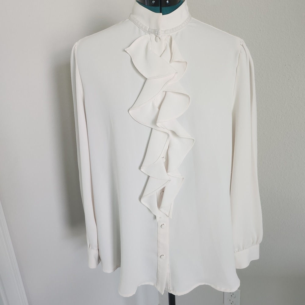 Chico's Ivory Button Up Ruffled Shirt Size 12/14 (Chico's size 2) Soft Classic